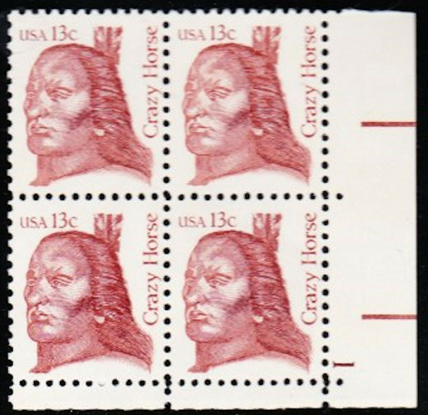 1982 Crazy Horse Plate Block of 4 13c Postage Stamps - MNH, OG - Scott 1855