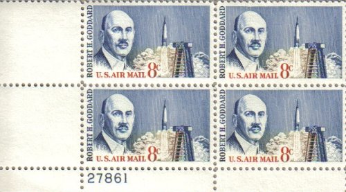 1964 ROBERT H GODDARD Plate Block of 4 8c Airmail Postage Stamps - Scott C69 - MNH,OG