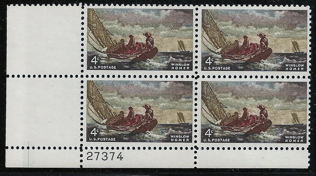 1962 Winslow Homer Plate Block of 4 4c Postage Stamps - Scott 1207 - MNH,OG