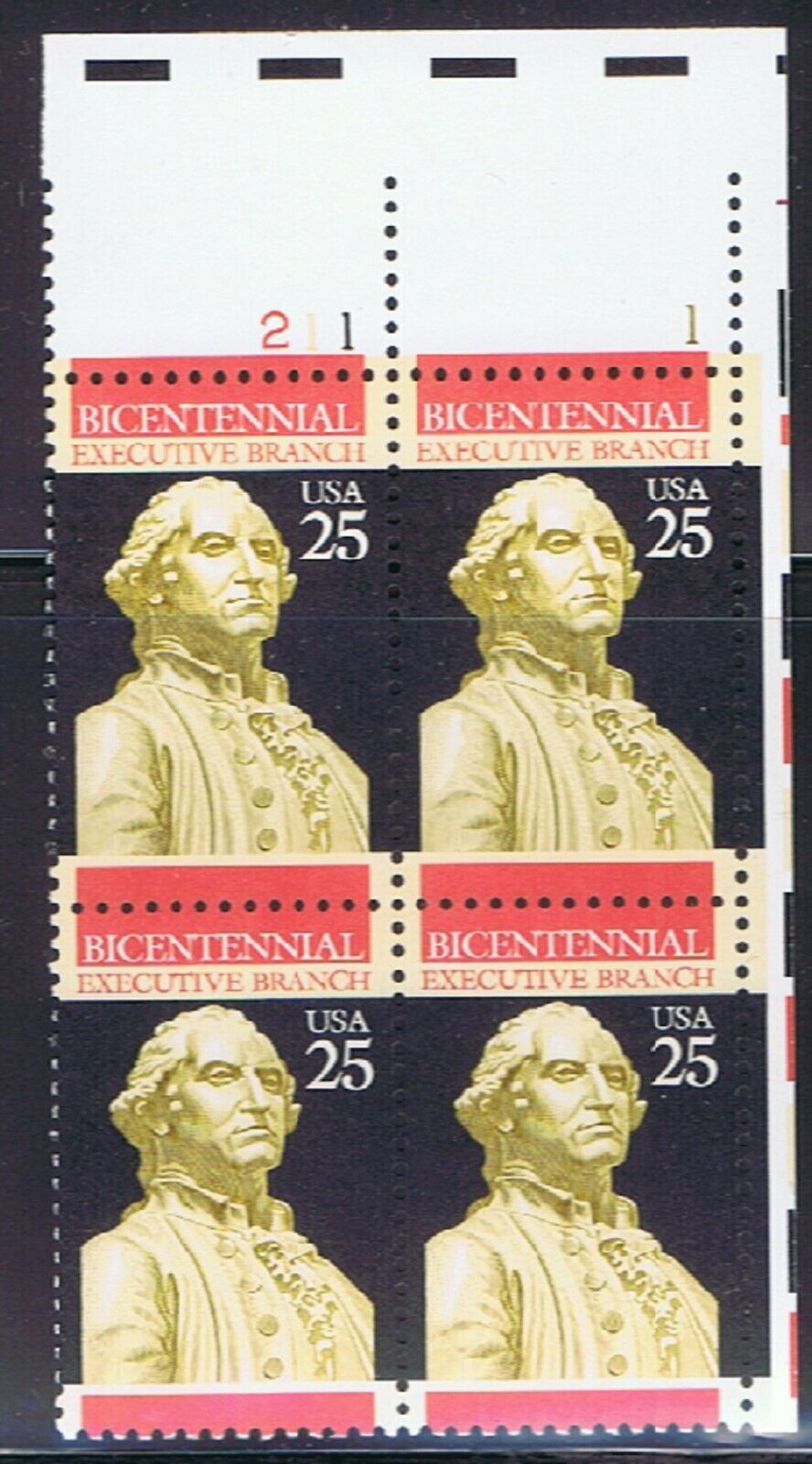 1989 Executive Branch Plate Block of 4 25c Postage Stamps - MNH, OG - Scott 2414