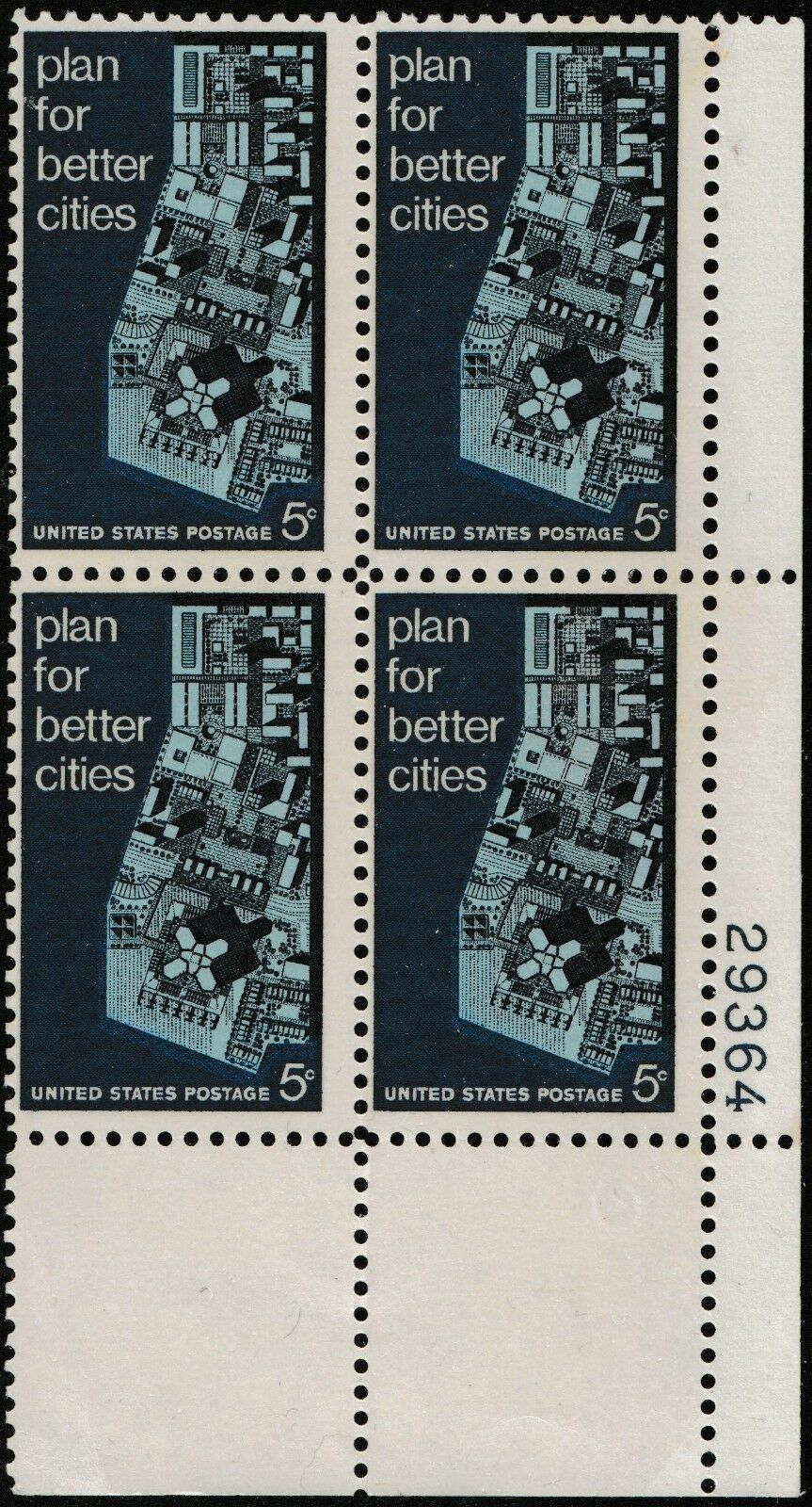 1967 Plan For Better Cities Plate Block of 4 5c Postage Stamps - MNH, OG - Scott 1333