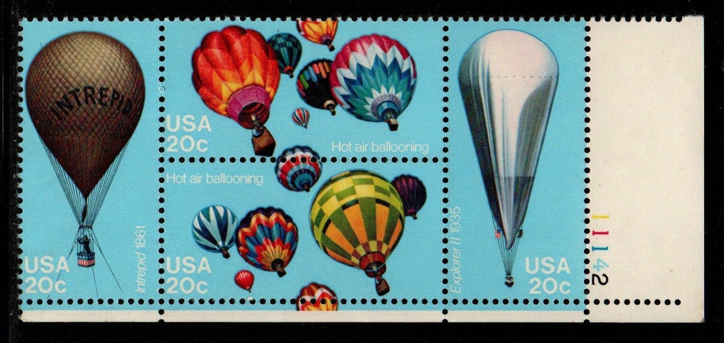 1983 Hot Air Balloons Plate Block Of 4 20c Postage Stamps Scott 2032-2035 - CW209a