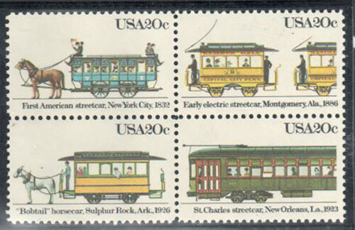 1983 USA Streetcars Block Of 4 20c Postage Stamps Scott 2059-2062 - CW212