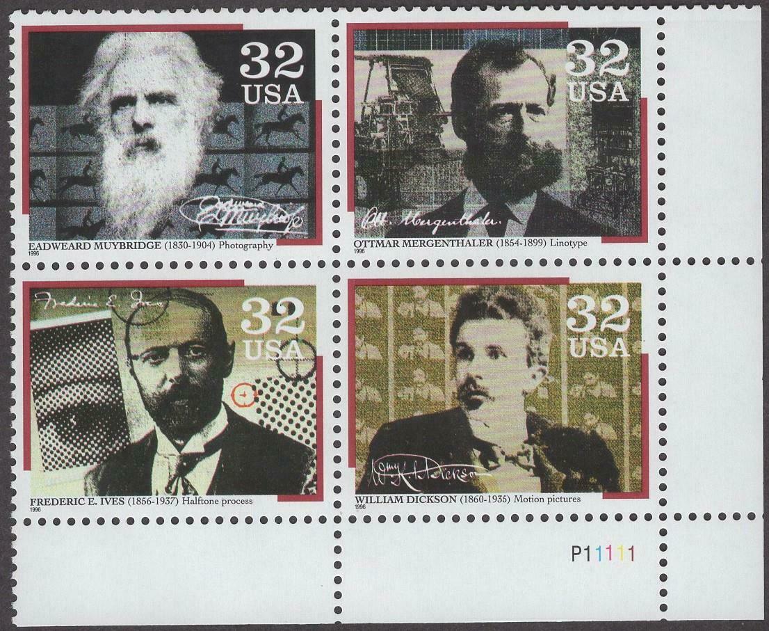 1996 Pioneers of Communication Plate Block of 4 32c Postage Stamps - MNH, OG - Scott 3061 3064