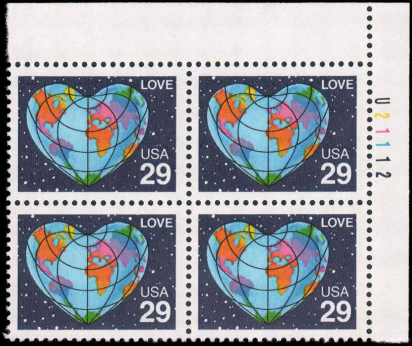 1991 Love Heart Shaped Globe Plate Block of 4 29c Postage Stamps - MNH, OG - Scott 2535