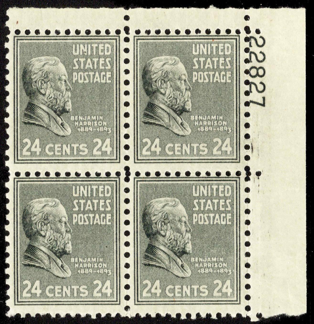 1938 President Benjamin Harrison Plate Block of 4 24c Postage Stamps - Scott 828 - MNH,OG