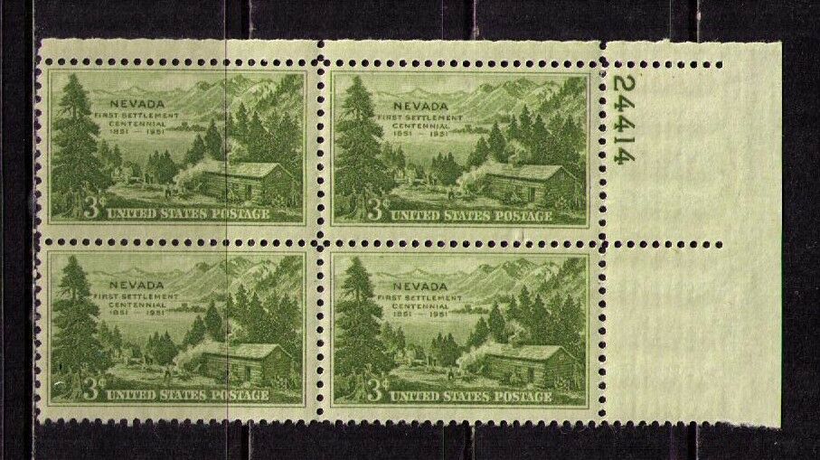 1951 Nevada First Settlement Plate Block of 4 3c Postage Stamps - MNH, OG - Scott 999 - CX917
