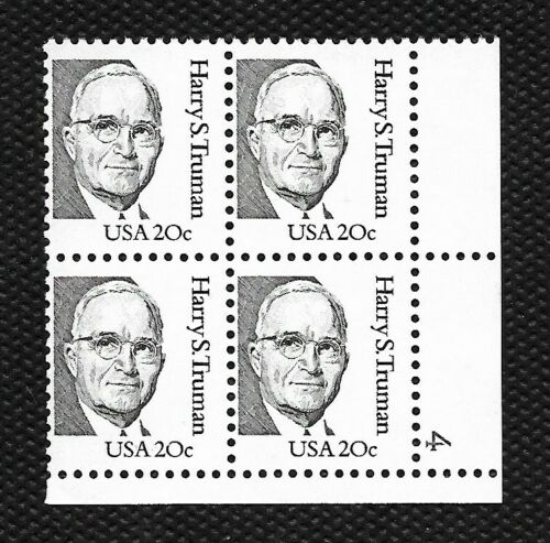 1984 Harry S Truman Plate Block of 4 20c Postage Stamps - MNH, OG - Scott 1862