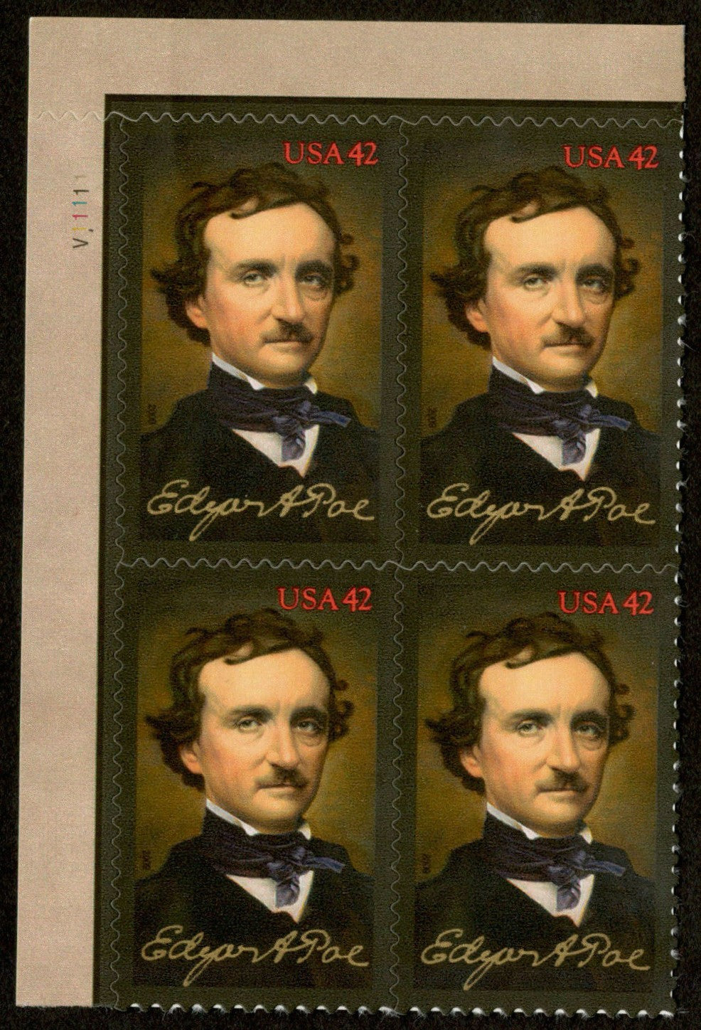 2009 Edgar Allen Poe Plate Block of 4 42c Postage Stamps - Scott 4377 - MNH - DM126