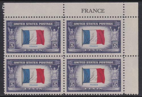 1943 Flag of France Block of 4 5c Postage Stamps, - Scott915 - MNH,OG