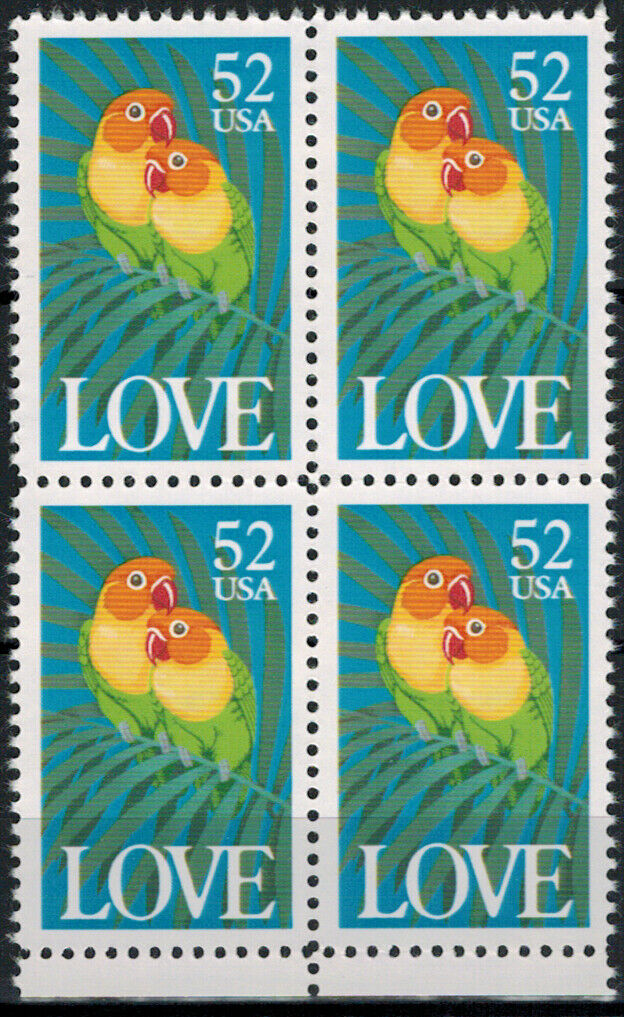1991 Love Birds Block Of 4 52c Postage Stamps Scott 2537 - MNH - CW410b