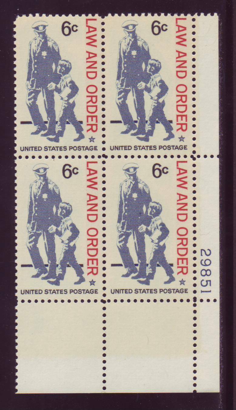 1968 Law and Order Plate Block of 4 6c Postage Stamps - MNH, OG - Scott 1343