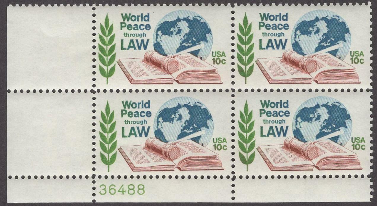 1975 World Peace Through Law Plate Block of 4 10c Postage Stamps - MNH, OG - Scott 1576