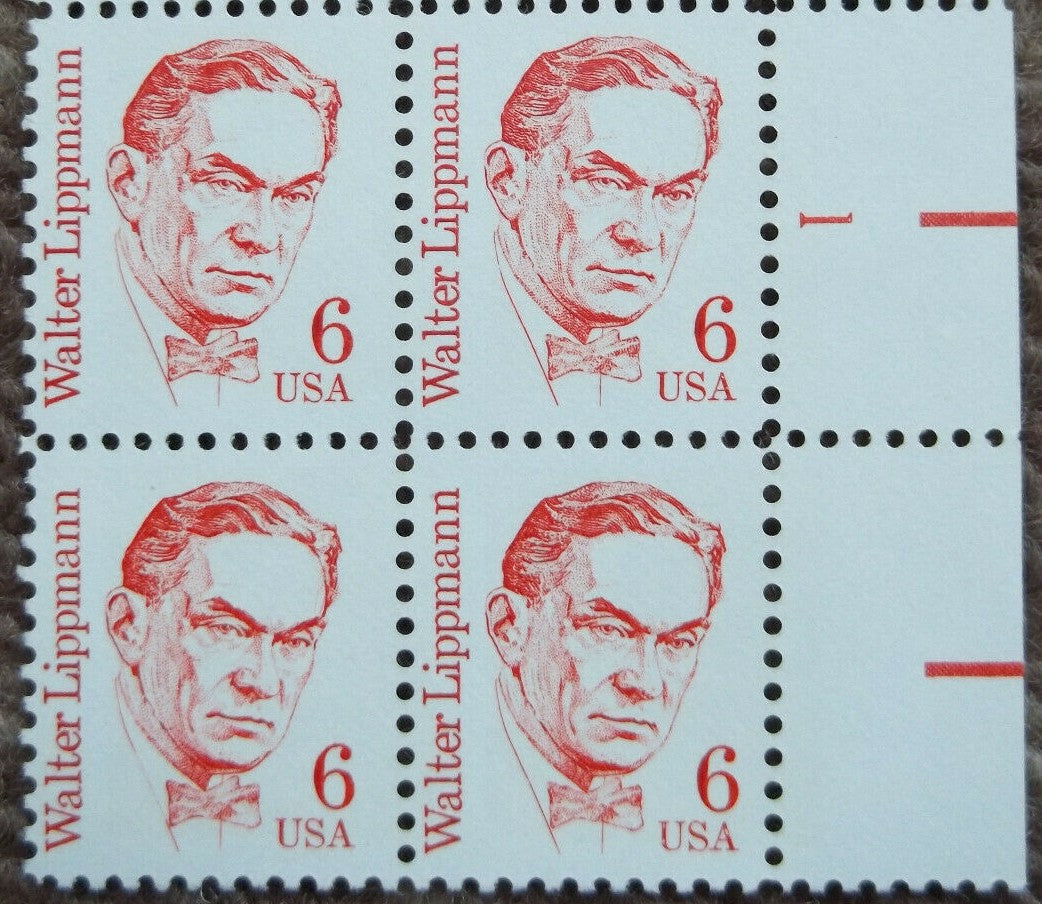 1985 Walter Lippmann Plate Block of 4 6c Postage Stamps - MNH, OG - Scott 1849