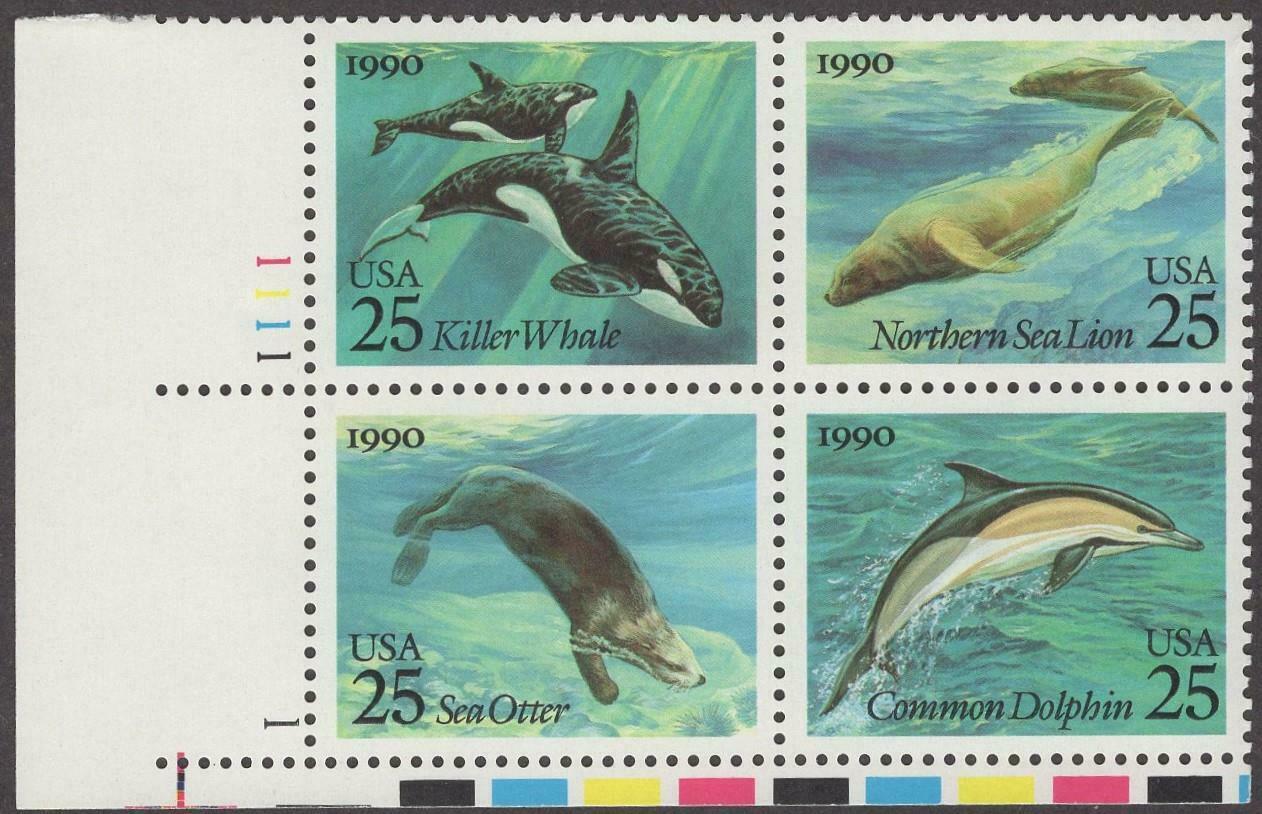 1990 Sea Creatures Plate Block Of 4 25c Postage Stamps - Scott 2508-2511 - MNH, OG - CW274a
