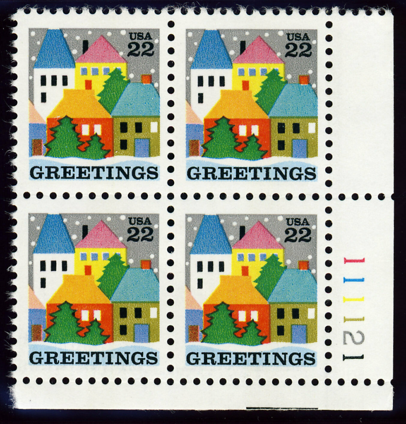 1986 Christmas Village Plate Block of 4 22c Postage Stamps - MNH, OG - Scott 2245