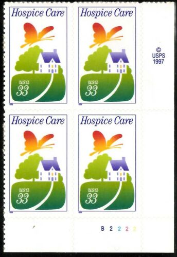 1999 Hospice Care Plate Block of 4 33c Postage Stamps - MNH, OG - Scott 3276