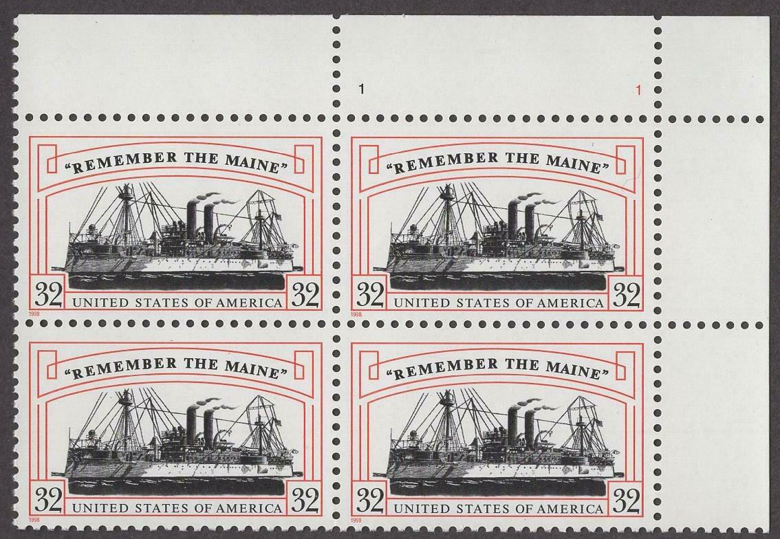 1998 Remember the Maine Plate Block of 4 32c Postage Stamps - MNH, OG - Scott 3192
