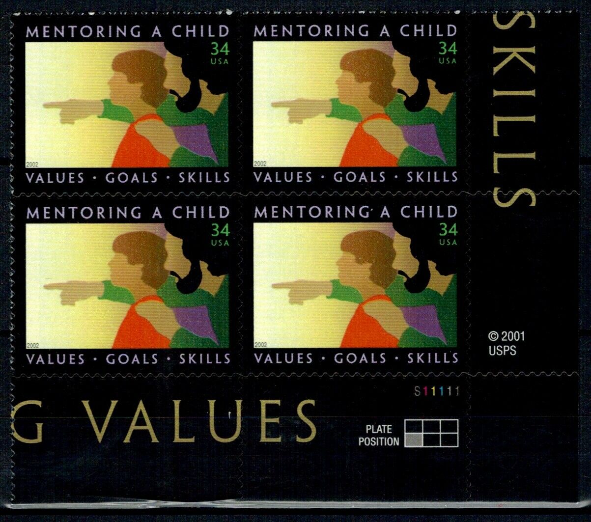 2002 Mentoring A Child Plate Block of 4 34c Postage Stamps - MNH, OG - Scott 3556