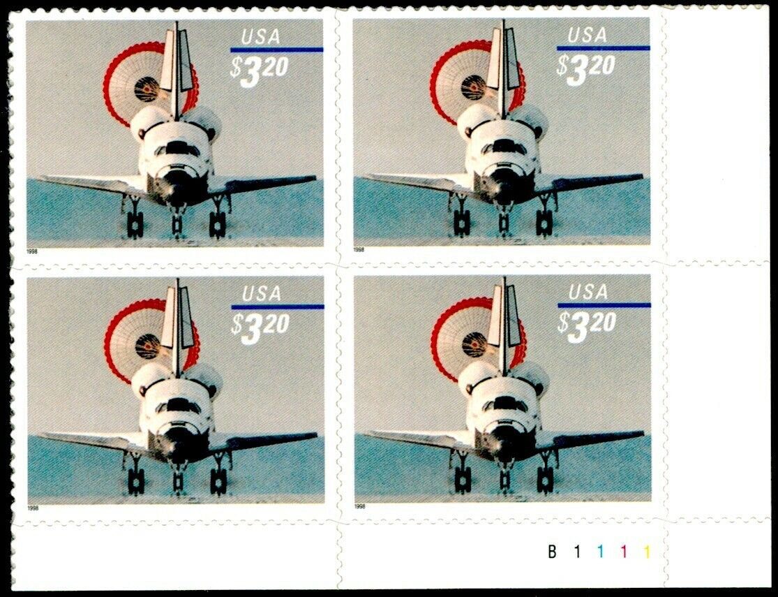 1998 Space Shuttle Landing Plate Block of 4 $3.20 Postage Stamps - MNH, OG - Scott 3261
