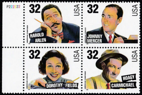 1996 Songwriters Song Writers Plate Block of 4 32c Postage Stamps - Scott 3100-3103 - MNH, OG - CW264