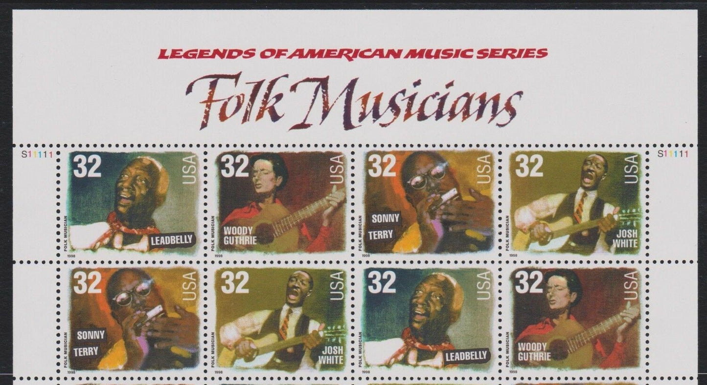 1998 Folk Musicians Block Of 8 32c Postage Stamps With Header - Scott 3212-3215 - MNH, OG - CW317b