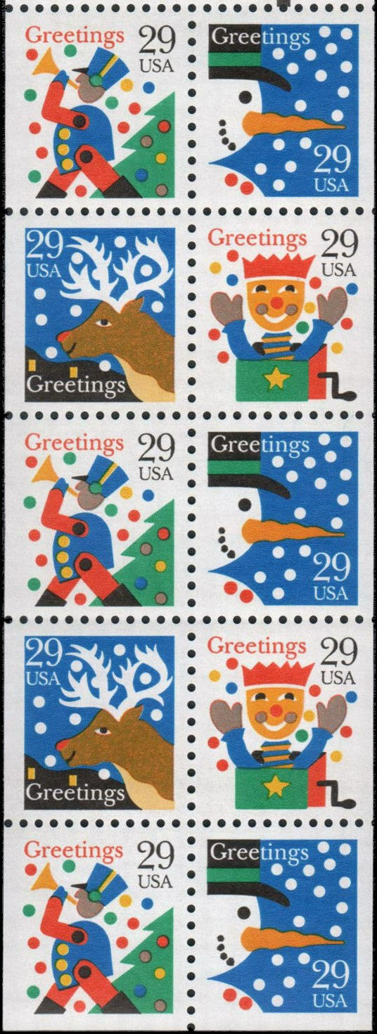 1993 Christmas Booklet Pane of 10 29c Postage Stamps - MNH, OG - Scott 2795-2798