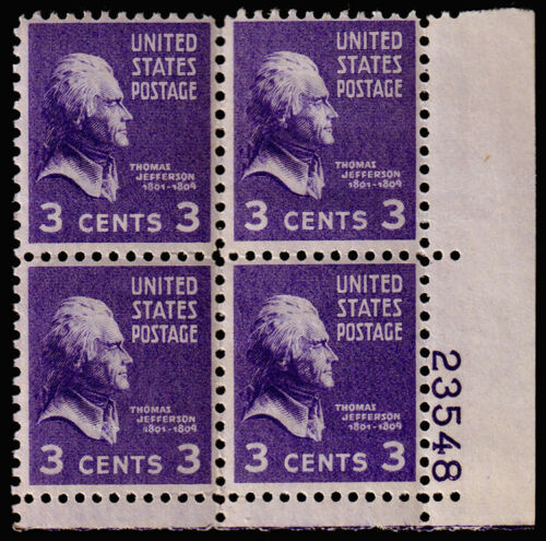 1938 President Thomas Jefferson Plate Block of 4 3c Postage Stamps - Scott 807 - MNH,OG