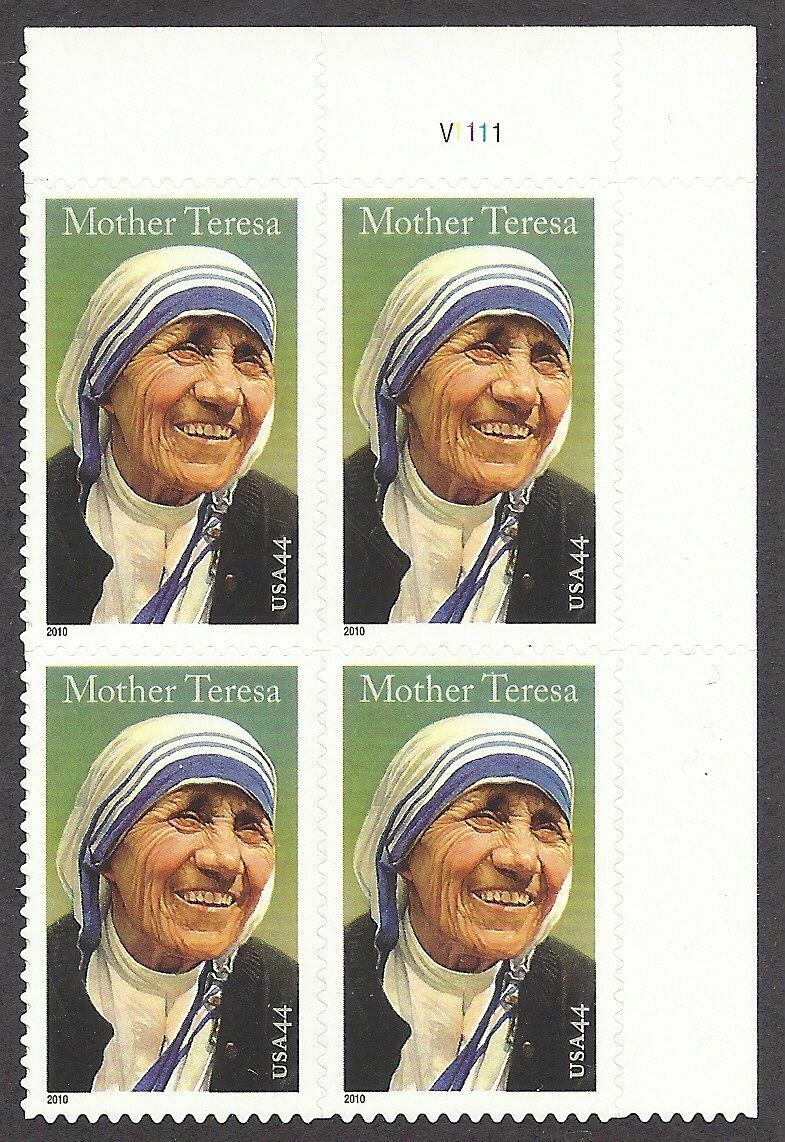 2010 Mother Teresa Plate Block of 4 USA 44c Postage Stamps - Scott 4475 - DR153