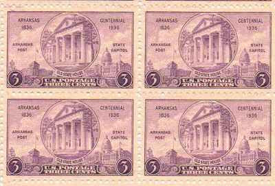 1936 Arkansas Centennial lBlock of 4 3c Postage Stamps - Scott 782 - MNH,OG