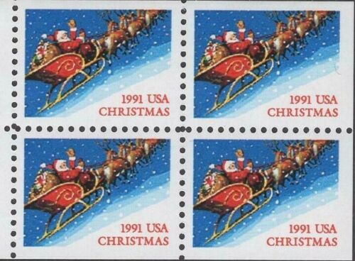 1991 Christmas Santa Booklet Pane Block of 4 29c Postage Stamps - MNH, OG - Scott 2585