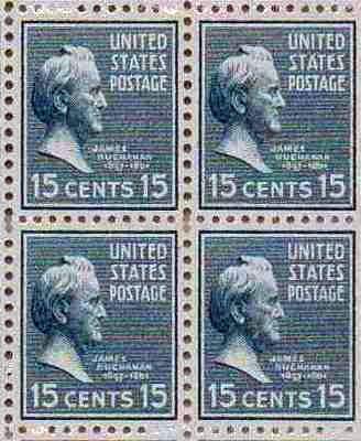 1938 President James Buchanan Block of 4 15¢ Postage Stamps - Scott 820 - MNH,OG