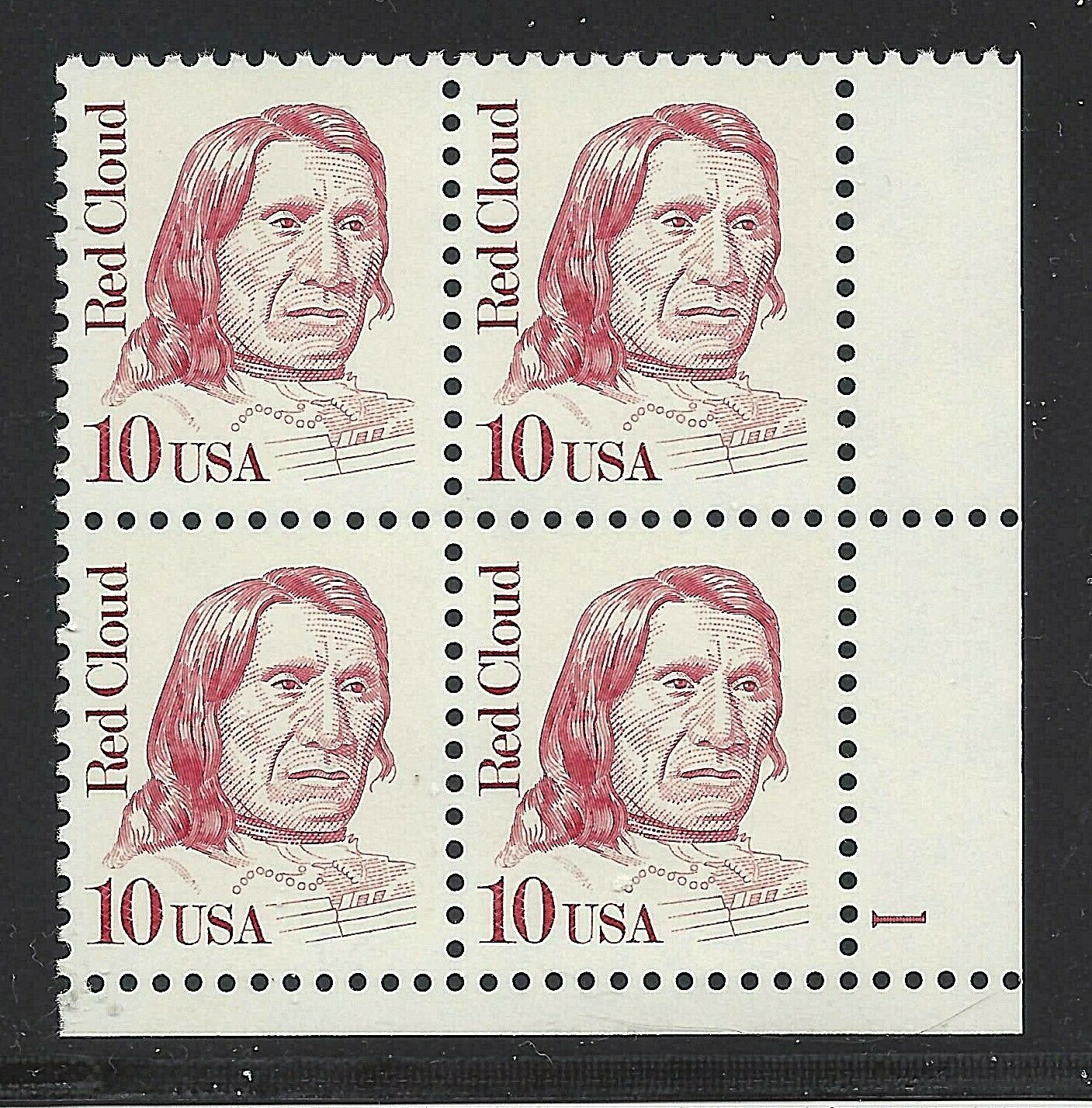 1987 Red Cloud Native American Plate Block of 4 10c Postage Stamps - MNH, OG - Scott 2175 - CY1111b