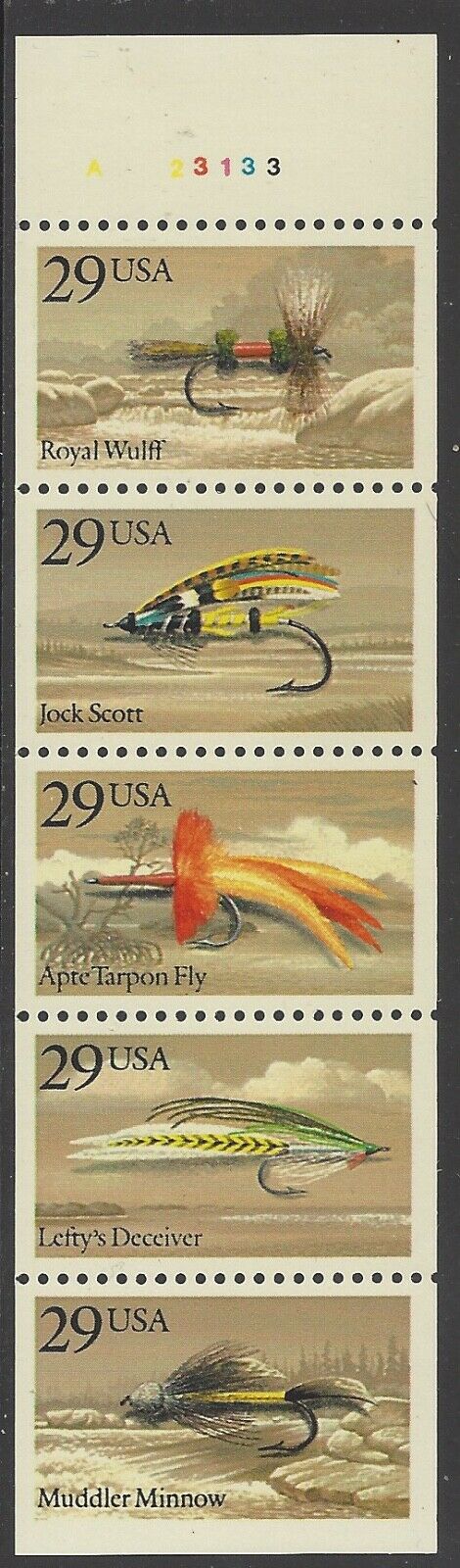 1991 Fishing Flies UNFOLDED Booklet Pane Of 5 29c Postage Stamps - MNH, OG - Scott 2545-2549 - CX397a