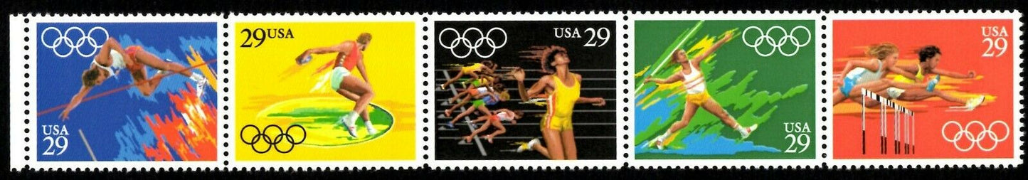 1991 Summer Olympics Of 1992 - Barcelona Strip of 5 29c Postage Stamps - MNH, OG - Scott 2553-2557