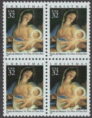 1996 Christmas Madonna by de Matteis Block of 4 32c Postage Stamps - MNH, OG - Scott 3107
