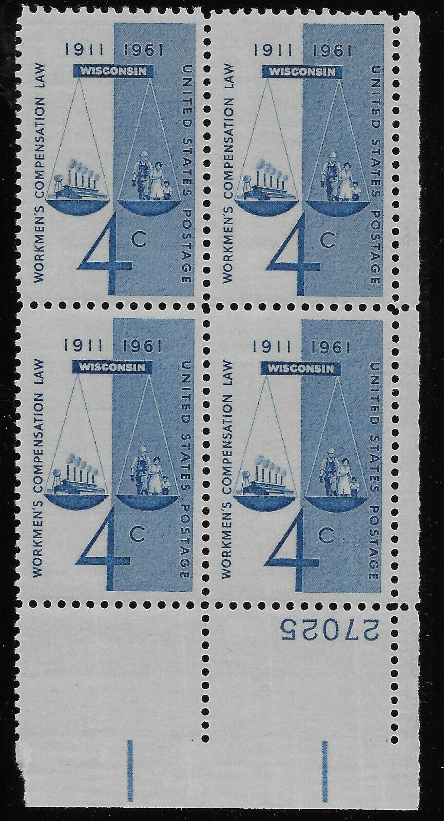 1961 Workmen's Compensation Law Plate Block Of 4 4c Postage Stamps - Scott 1186 - MNH, OG - CX592