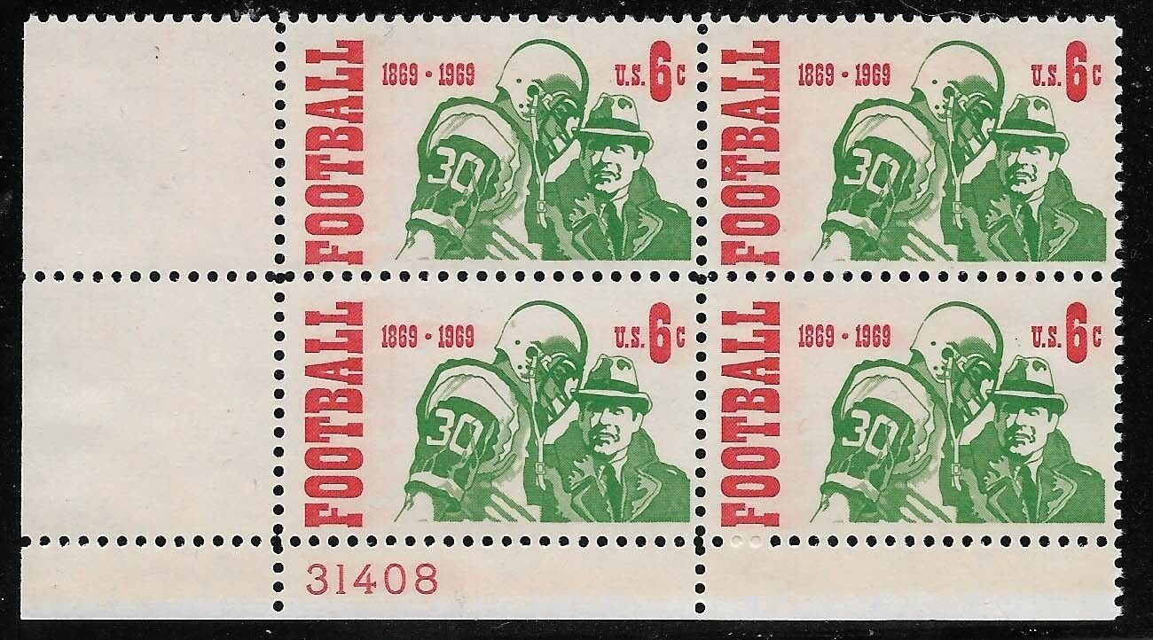 1969 Football Centennial Plate Block Of 4 6c Postage Stamps - MNH, OG - Scott 1382 - CX293