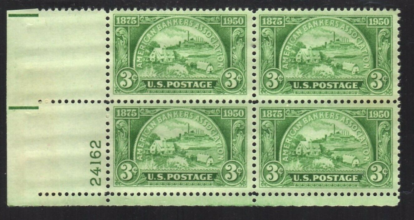 1950 American Bankers Association Plate Block of 4 3c Postage Stamps - MNH, OG - Scott 987