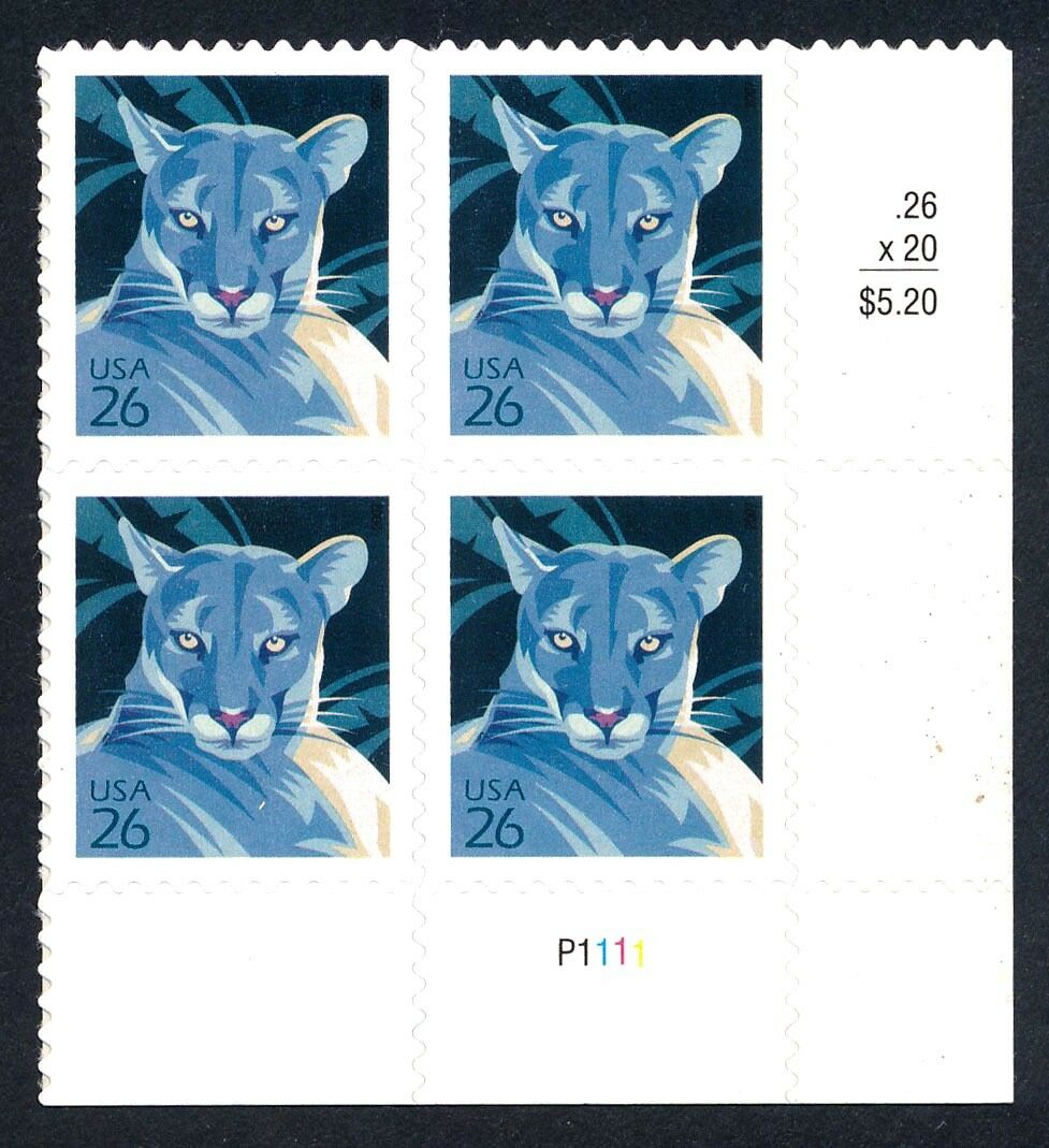 2007 Florida Panther Plate Block Of 4 26c Postage Stamps - Scott 4139 - MNH, OG - DC101