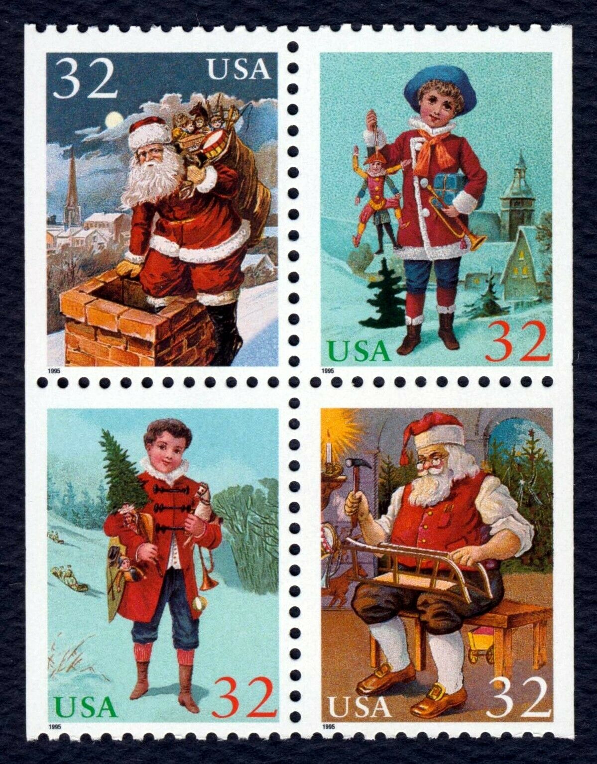 1995 Christmas Santa & Children Booklet Block of 4 32c Postage Stamps - MNH, OG - Scott 3007a