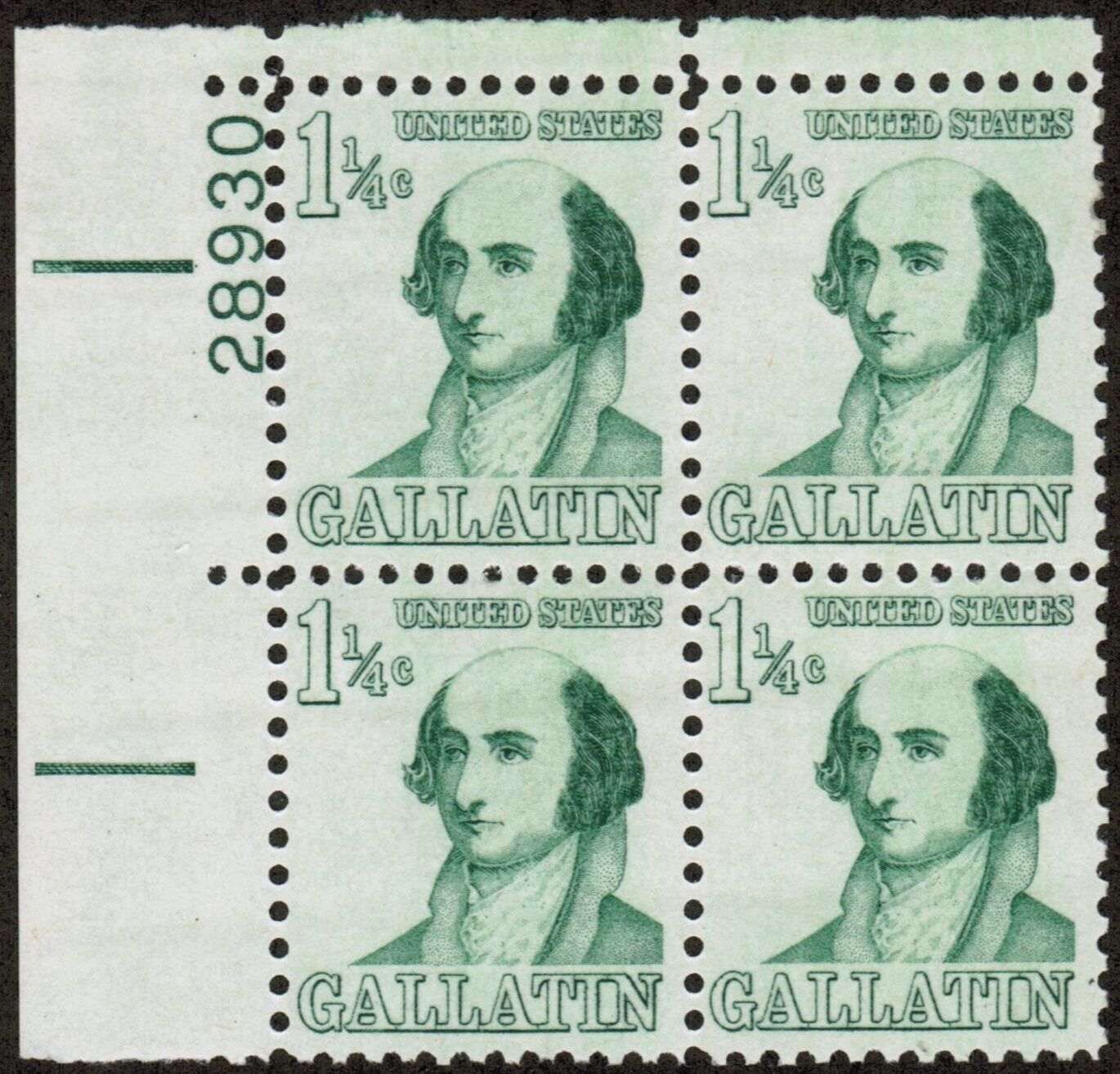 1967 Albert Gallatin Plate Block of 4 1 1/4c Postage Stamps - MNH, OG - Scott 1279