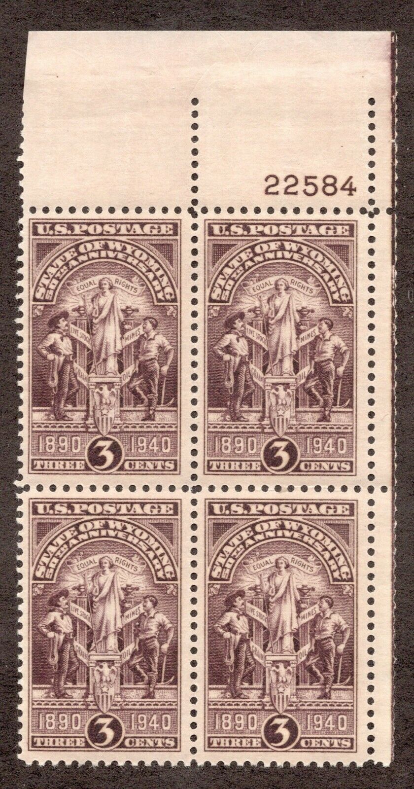 1940 Wyoming Statehood Plate Block of 4 3c Postage Stamps - MNH, OG - Scott 897