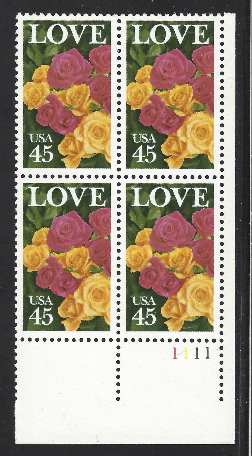 1988 Roses Love Issue Plate Block of 4 45c Postage Stamps - MNH, OG - Scott 2379