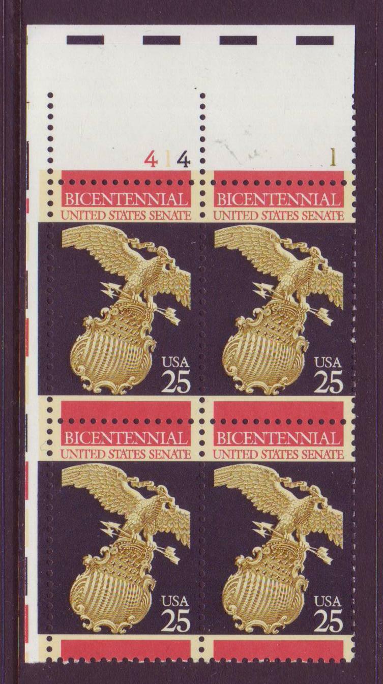 1989 US Senate Plate Block of 4 25c Postage Stamps - MNH, OG - Scott 2413