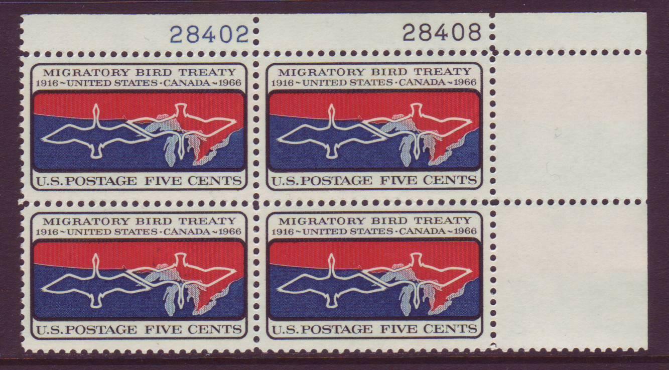 1966 Migratory Bird Treaty Plate Block Of 4 5c Postage Stamps - MNH, OG - Scott 1306`- CX244