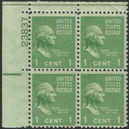 1938 George Washington Plate Block of 4 1c Postage Stamps - - Scott 804 - MNH,OG