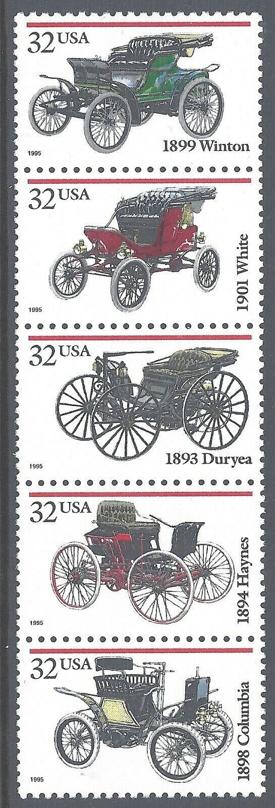 1995 Antique Automobiles Cars Strip Of 5 32c Postage Stamps - Scott 3019-3023, MNH, OG - CW354