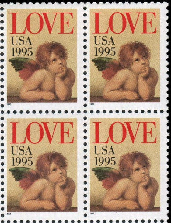 1995 Love Cupid Valentines Block of 4 32c Postage Stamps - MNH, OG - Scott 2948