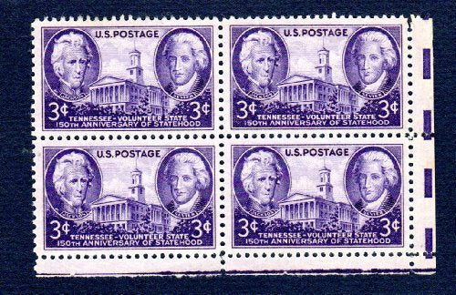 1946 Tennessee Statehood, Block of 4 3c Postage Stamps, Sc#941, MNH, OH